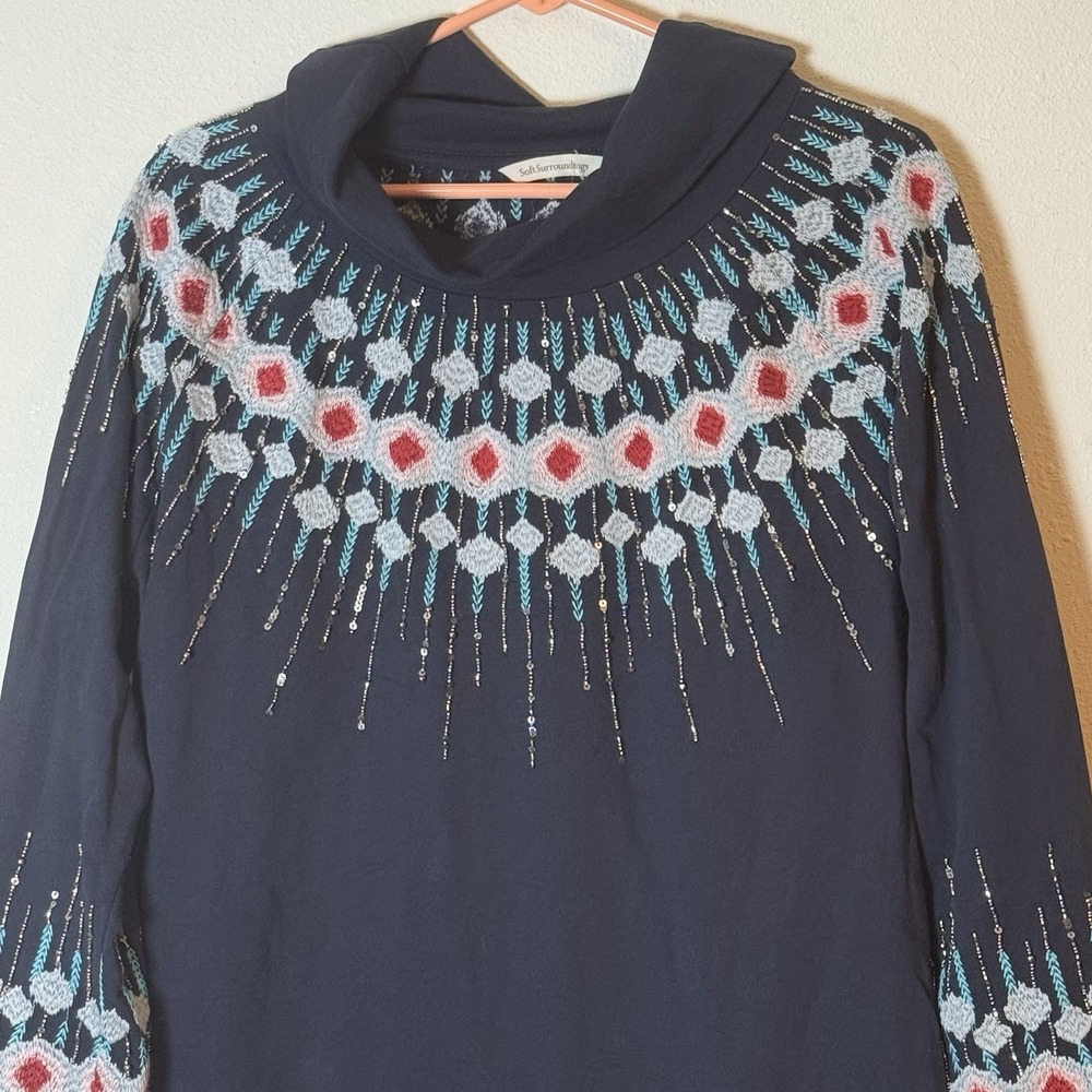 Soft Surroundings Embroidered Tunic Top PL Navy Cowl Neck Beaded Cotton